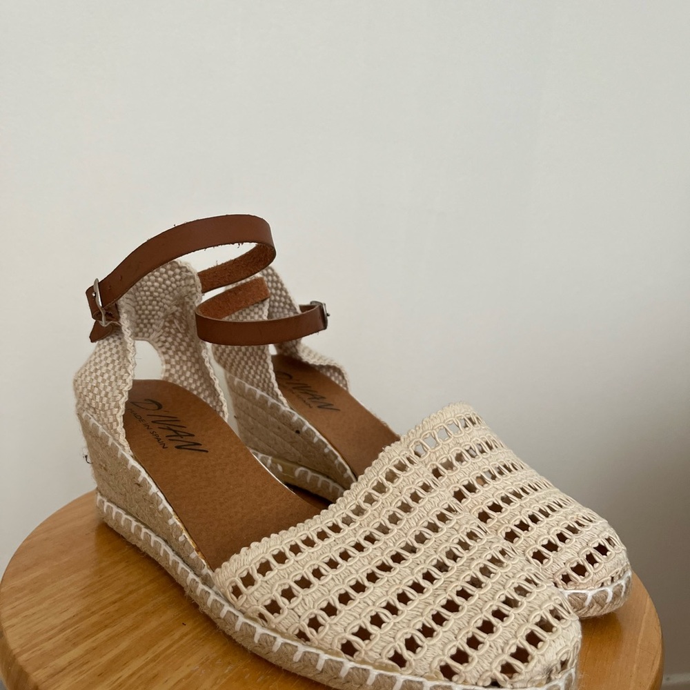 Woven Cream and Brown Espadrille Wedge Sandals